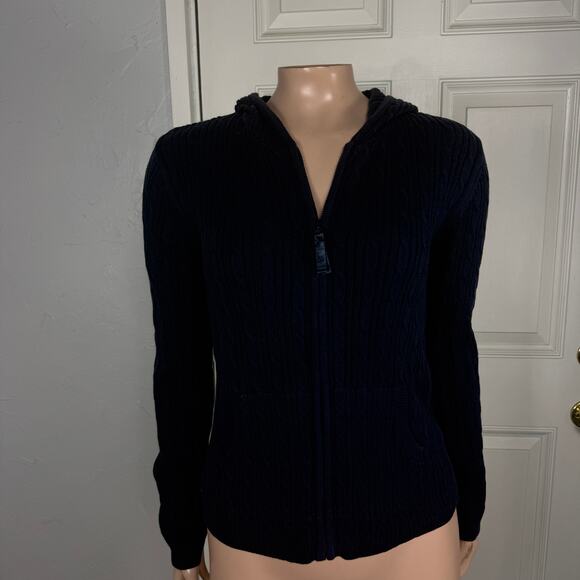 Vintage Y2K Old Navy Women's Sweater XS Cable Knit Hooded Navy Cotton X4-25 - Picture 1 of 7